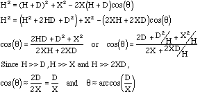 Angle Calculations></P>
<p>These approximations are valid because X (the receiver spacing) is on the order
of 5cm,  D (the path difference) varies from 0 to X, and H (the user's
distance) will typically be at least one meter.
Thus, by getting the time difference of the input capture registers and
multiplying by the speed of sound (whose variance with temperature and humidity
will be neglected), the 